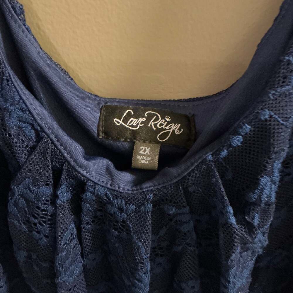Love Reign Navy Blue Floral Lace Blouse, Plus Size 2X - Romantic Lined Top